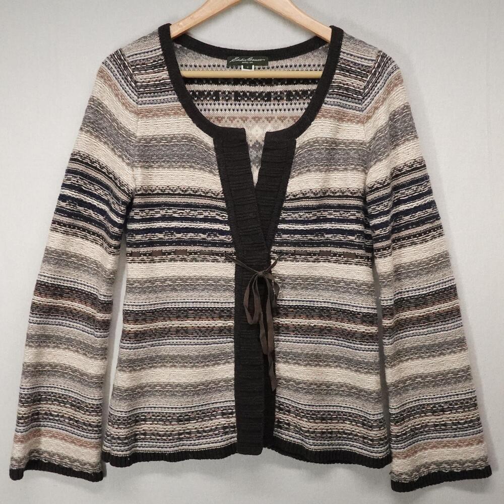 Eddie Bauer Cardigan Sweater Womens Small Fair Isle Tie Front Knit Cottage